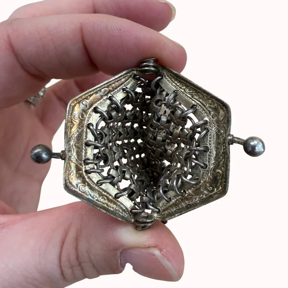 Antique Silver Mesh Chatelaine Coin Purse Keychain - Picture 5 of 6